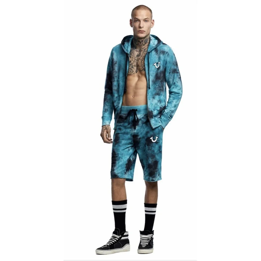 True Religion Men's Tie Dye Activewear‎ Sweat Shorts  Full Zip Hoodie Turquoise